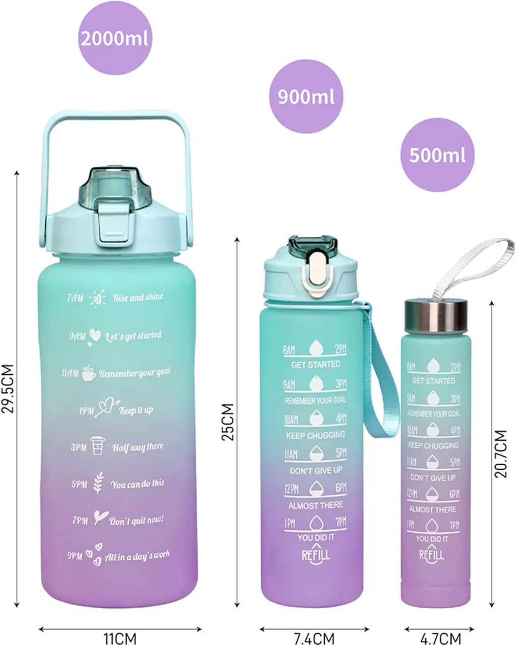 Water Bottles Set of 3, 2000ml+900ml+500ml BPA Free Motivational Sports Water Bottle